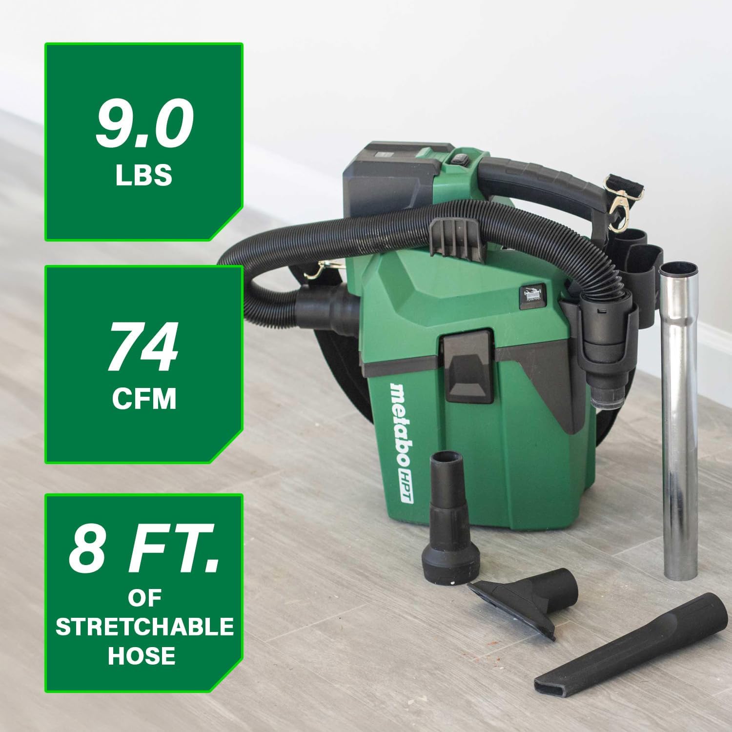 Metabo HPT 18V Cordless Wet/Dry Vacuum, 1.6 Gallon HEPA Filter Vacuum, Powerful 74 CFM Airflow, 8 ft. of Stretchable Hose, Eco and Boost Modes, Lightweight Design, Tool Body Only, RP18DAQ4
