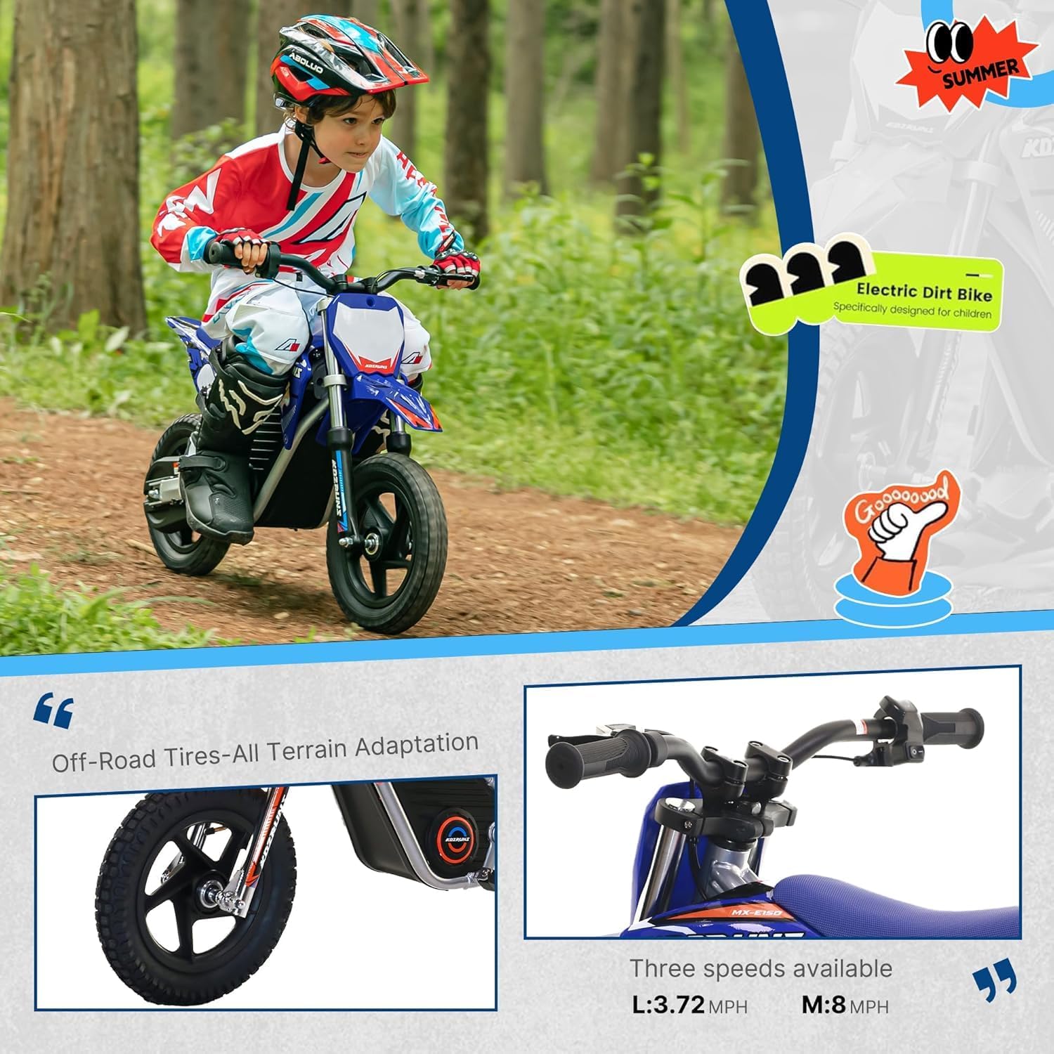 Electric Dirt Bike for Kids 3-7, 200W Powerful Racing Experience Motorcycle, Up to 8.0MPH, 2 Speed Settings, 12-Inch Off-Road Tires, Rear Disc Brakes & Advanced Suspension, Blue