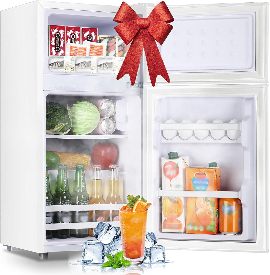 DEMULLER Small Refrigerator Mini Fridge with Double Doors & Separate Freezer & 7 Adjustable Temperature Control, Tiny Size & Personal Fridge Ideal for Office Apartment Dorm White