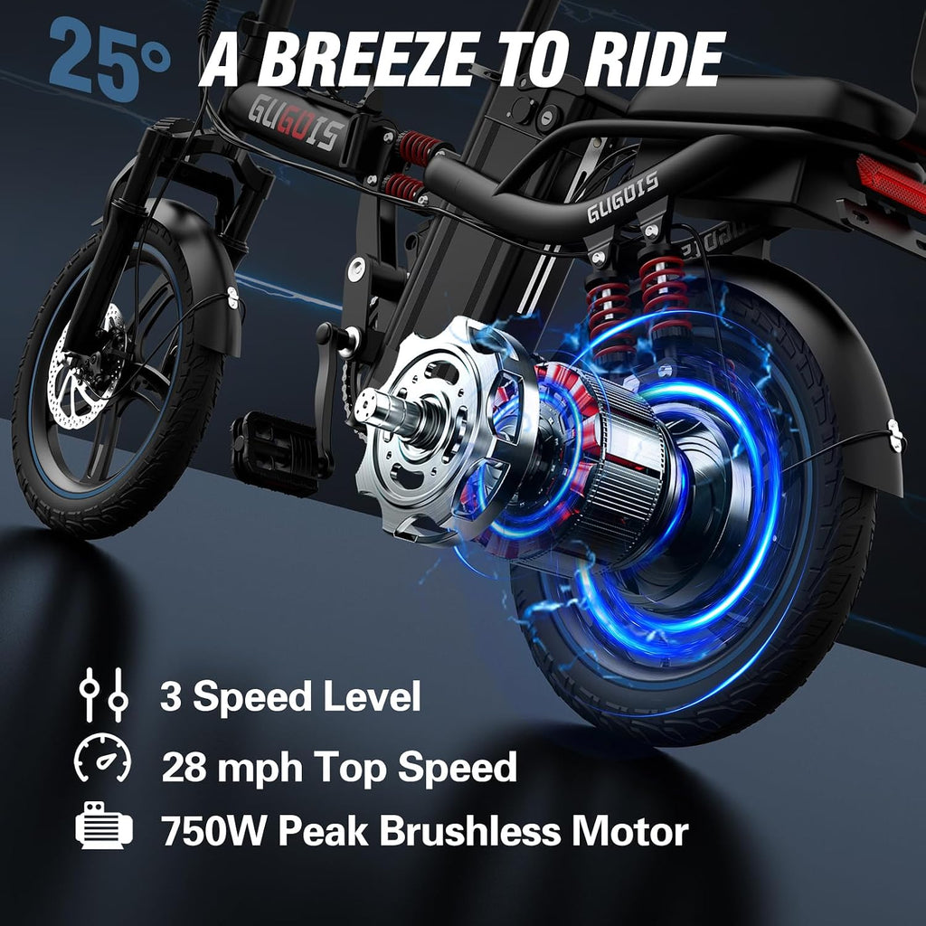 GugoIs 2 Seater Electric Bike for Adults, 750/1000W & 28/30 MPH E-Bike with 748.8/960 Wh Removable Battery, 16/20' Commuter Ebikes, 25-60 Miles, Full Suspension Adults Electric Bicycles