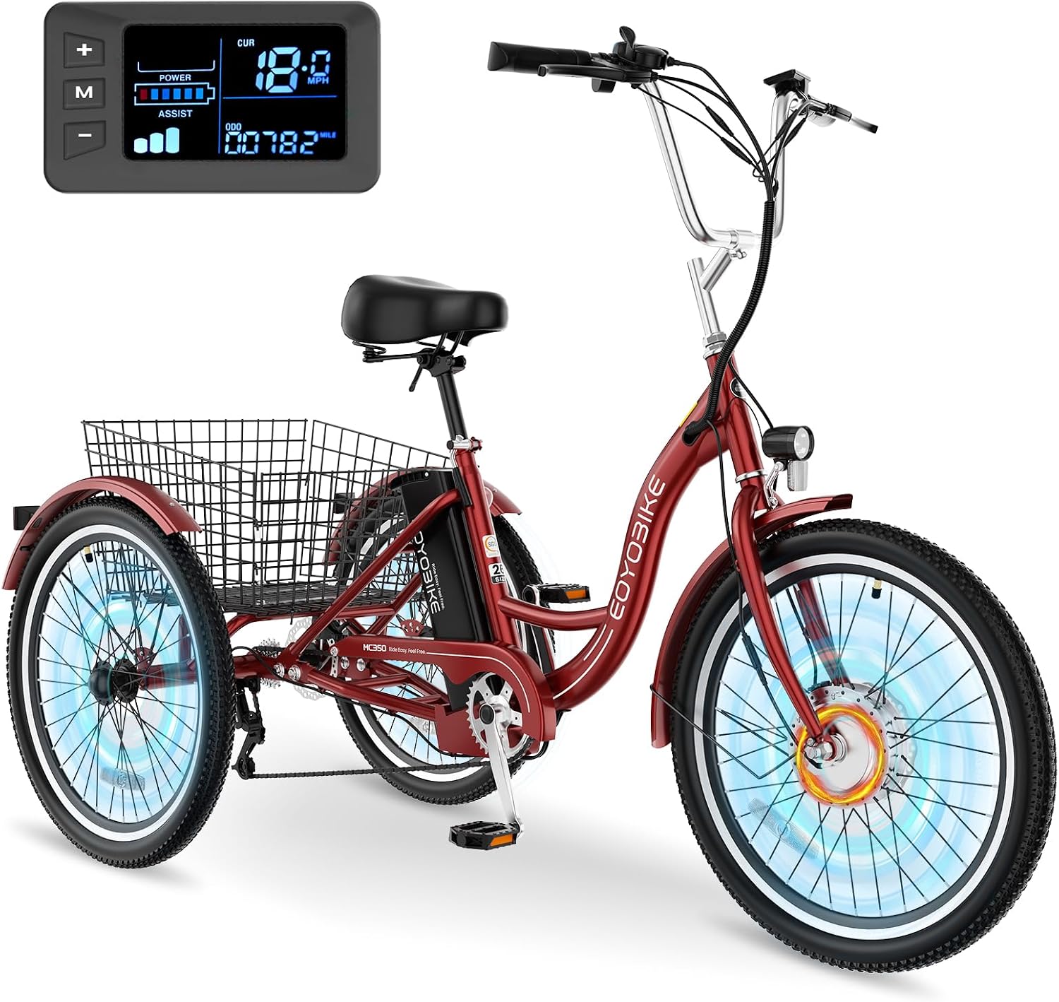 MOONCOOL Electric Tricycle for Adults, 350W 36V Removable Battery, 7 Speeds 3 Wheels Electric Trikes with Large Basket Up to 60Miles