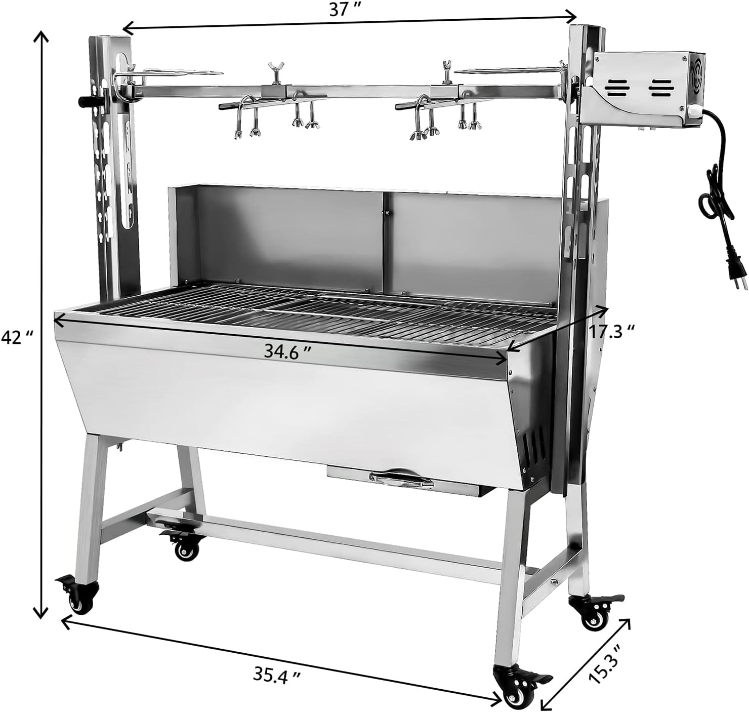 25w 37in Electric Rotisserie Grill Portable 132lbs Portable Stainless Steel Rotisserie Grill Roster With Wheels, Motor, Wind Baffle For Pig Chicken Lamb Rotisseries Roasting Machine