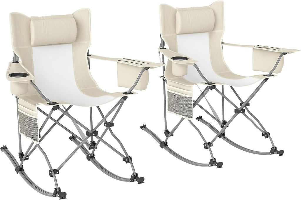 Outsunny Folding Rocking Camping Chairs for Adults, Portable Outdoor Rocking Chairs with Headrest, Cooler Bag, Cup Holder, Carry Bag for Picnic Outside and Outdoor Travel, 2 Pack, Cream