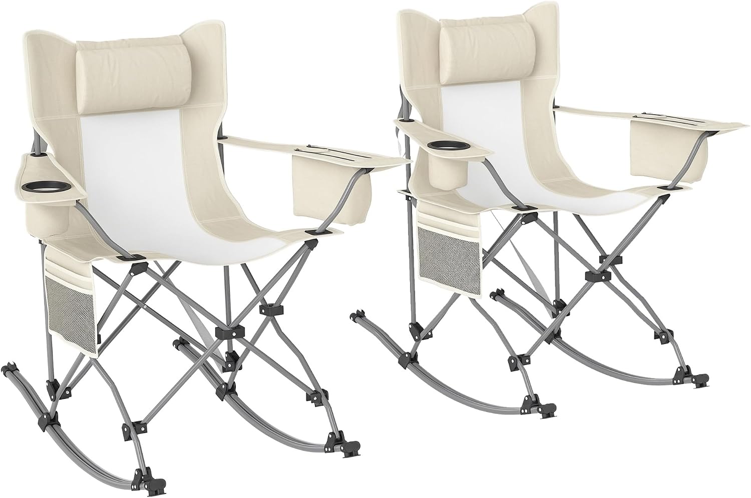 Outsunny Folding Rocking Camping Chairs for Adults, Portable Outdoor Rocking Chairs with Headrest, Cooler Bag, Cup Holder, Carry Bag for Picnic Outside and Outdoor Travel, 2 Pack, Cream