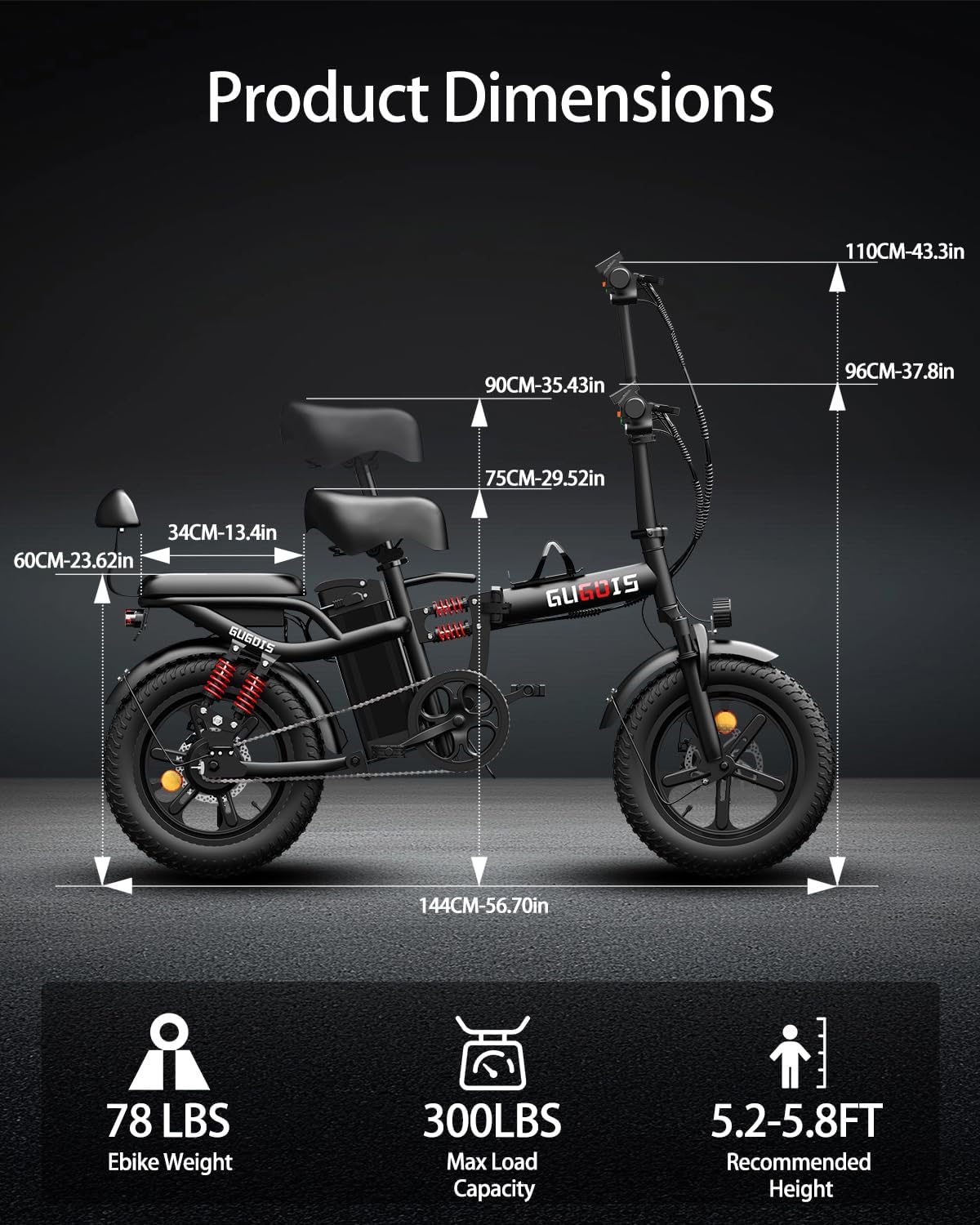 GugoIs 2 Seater Electric Bike for Adults, 750/1000W & 28/30 MPH E-Bike with 748.8/960 Wh Removable Battery, 16/20' Commuter Ebikes, 25-60 Miles, Full Suspension Adults Electric Bicycles