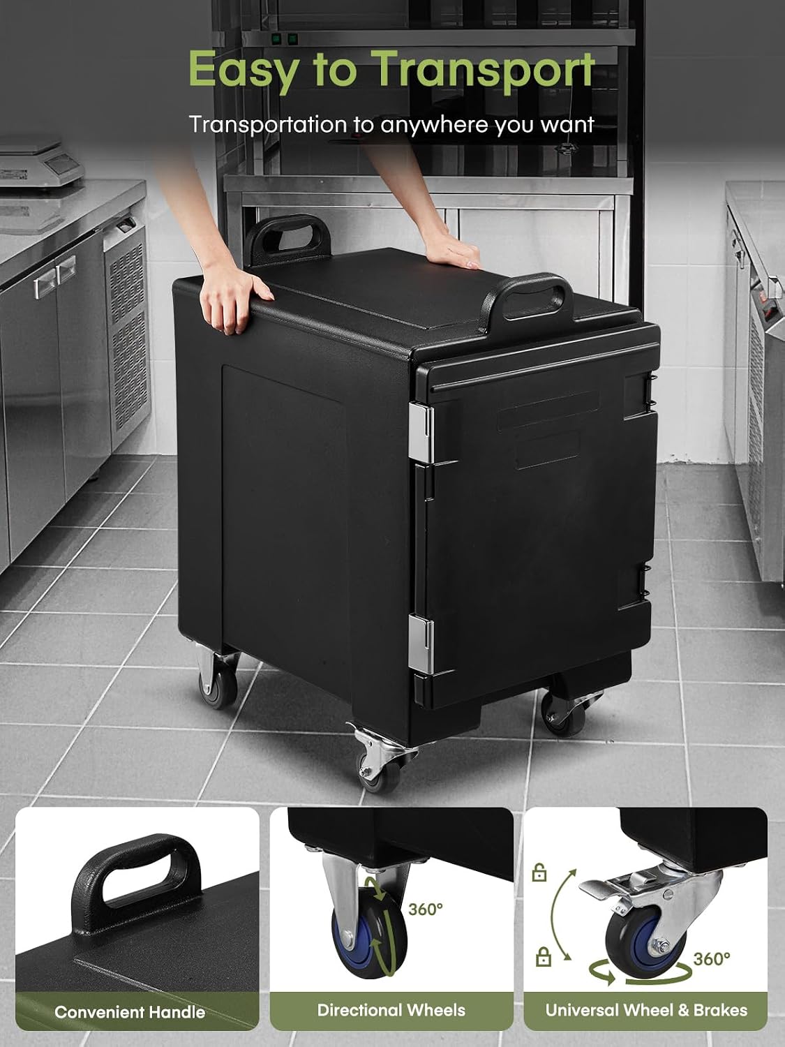 Catering Food Warmer, 82Qt Front Loading Hot Box for Catering, LLDPE Insulated Food Pan Carrier for 5 Full-Size Pan, w/Wheels, Stackable, Handles, Hot Box Food Warmer for Camping, Restaurant