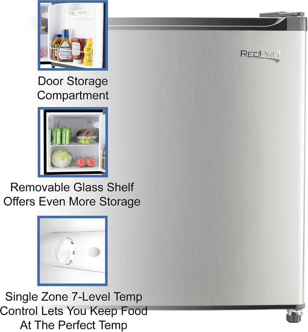 RecPro 1.7 Cu Ft 12V RV Refrigerator | Compact Fridge with Reversible Door, 2L Bottle Door Storage, 7 Temp Settings | Eco-Friendly R600A, Leveling Feet, Wire Shelf | 19.5'H x 17.5'W x 19.8'D
