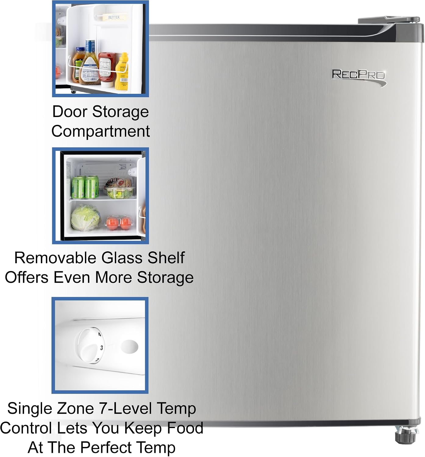 RecPro 1.7 Cu Ft 12V RV Refrigerator | Compact Fridge with Reversible Door, 2L Bottle Door Storage, 7 Temp Settings | Eco-Friendly R600A, Leveling Feet, Wire Shelf | 19.5'H x 17.5'W x 19.8'D