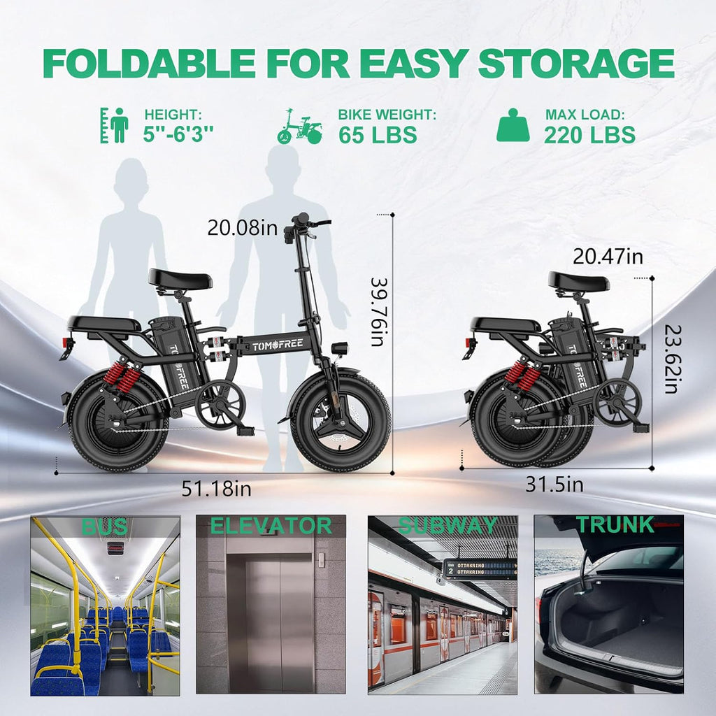 Tomofree 750W Peak Electric Bike for Adult, 20MPH/35-75 Miles Electric Bicycle, 14' Folding E Bike, 48V 20Ah Removable Battery, PAS Control, Commuter E-Bike for Adults and Teens