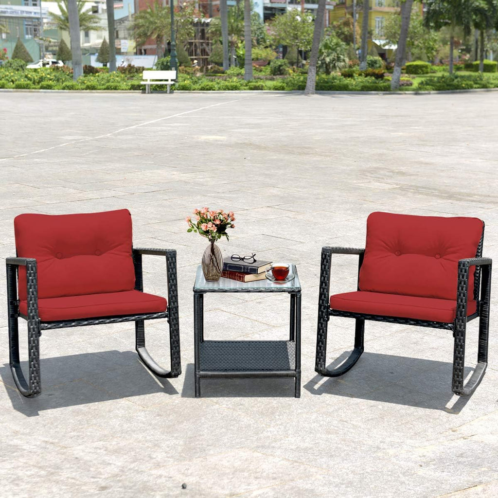 Tangkula 3 Pieces Patio Wicker Rocking Bistro Set, Outdoor Rocking Chair Furniture Set w/Cushioned Seat, Conversation Set w/Glass Coffee Table and Storage Shelf (Red)