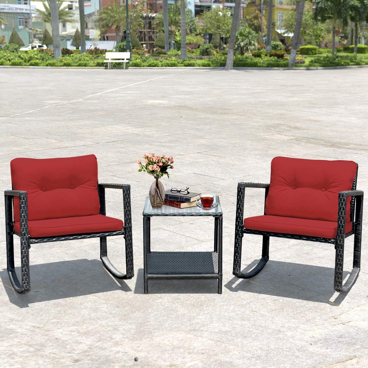 Tangkula 3 Pieces Patio Wicker Rocking Bistro Set, Outdoor Rocking Chair Furniture Set w/Cushioned Seat, Conversation Set w/Glass Coffee Table and Storage Shelf (Red)