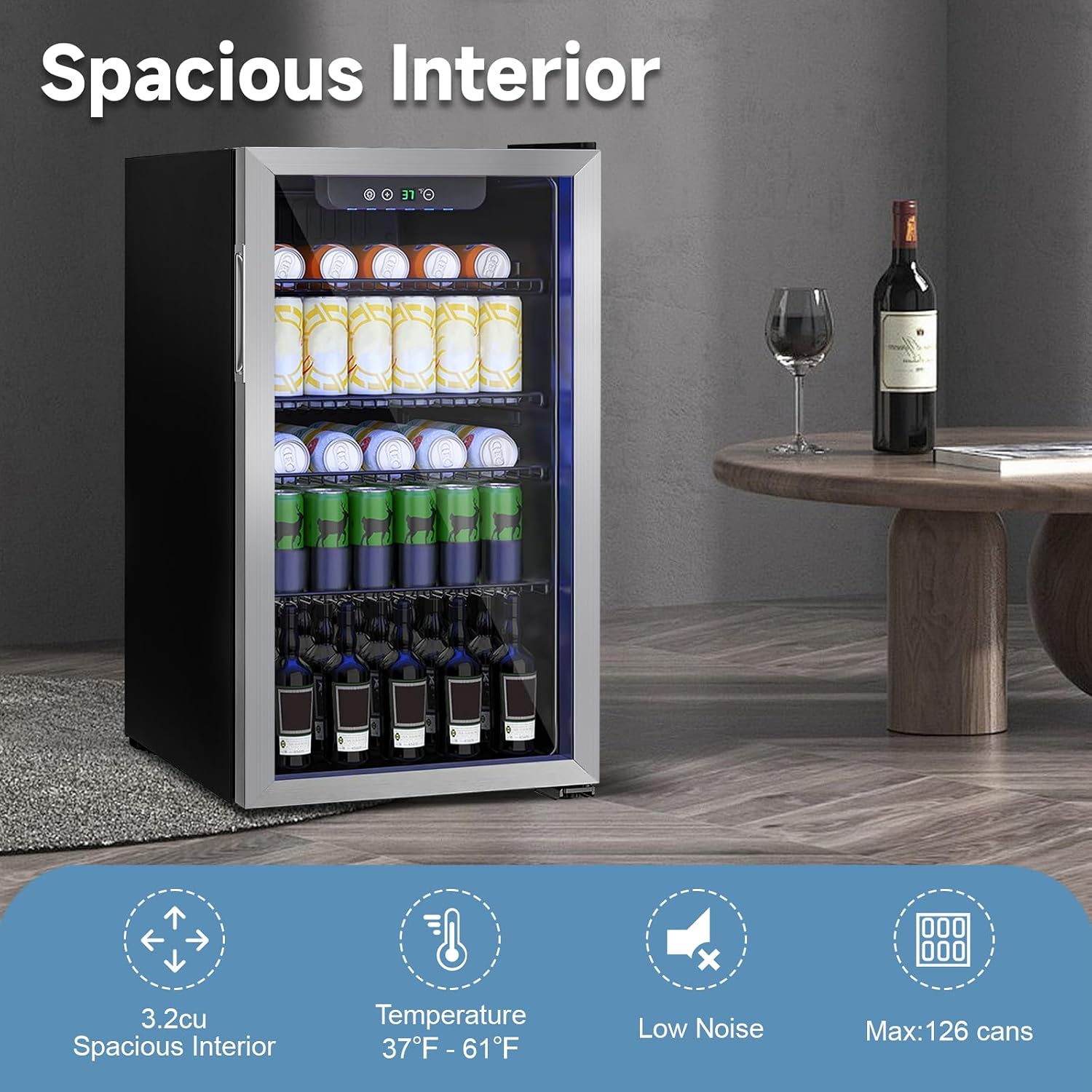 Stopasd Compact Beverage Refrigerator, 3.2 Cu.Ft/126 Can Drink Fridge with Adjustable Shelves & Glass Door for Soda Wine Beer, Quiet Undercounter Small Fridge for Home/Office/Bar/Garage,Sliver