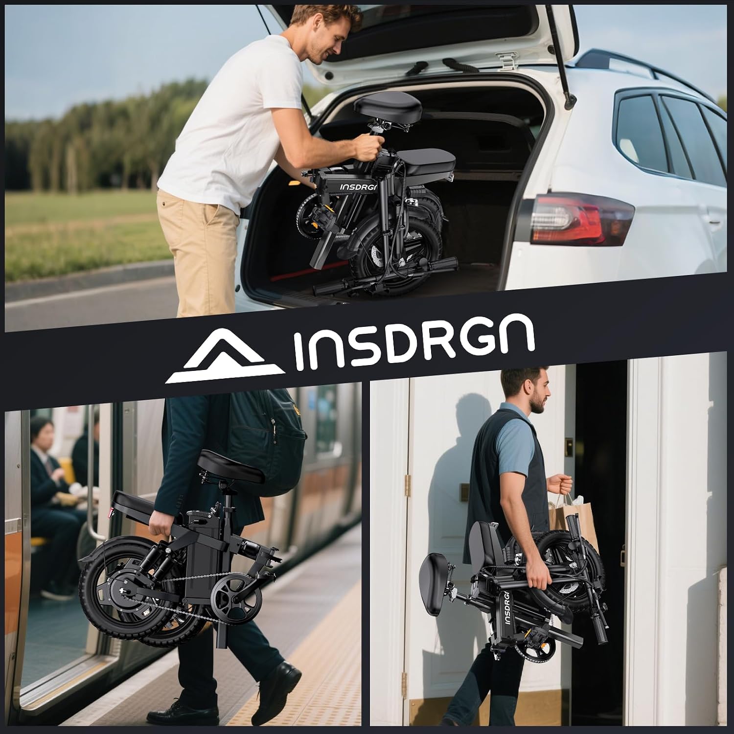 INSDRGN Folding Electric Bike for Adults Teens, Peak 1500W, 62 Miles PAS Range, 48V 16AH Removable Li Battery Ebike, 9 Shocks Full Suspension, 20 MPH Electric Bicycle, UL2849 Certified