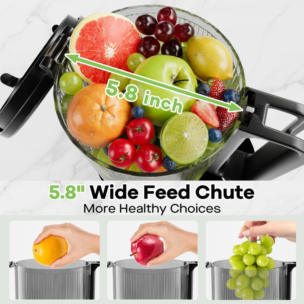 EanOruus Cold Press Juicer, 5.8' Wide Feed Chute Juice Extractor Machine with 400W, High Juice Yield, Slow Masticating Juicer for Whole Vegetables & Fruits, Black Gray