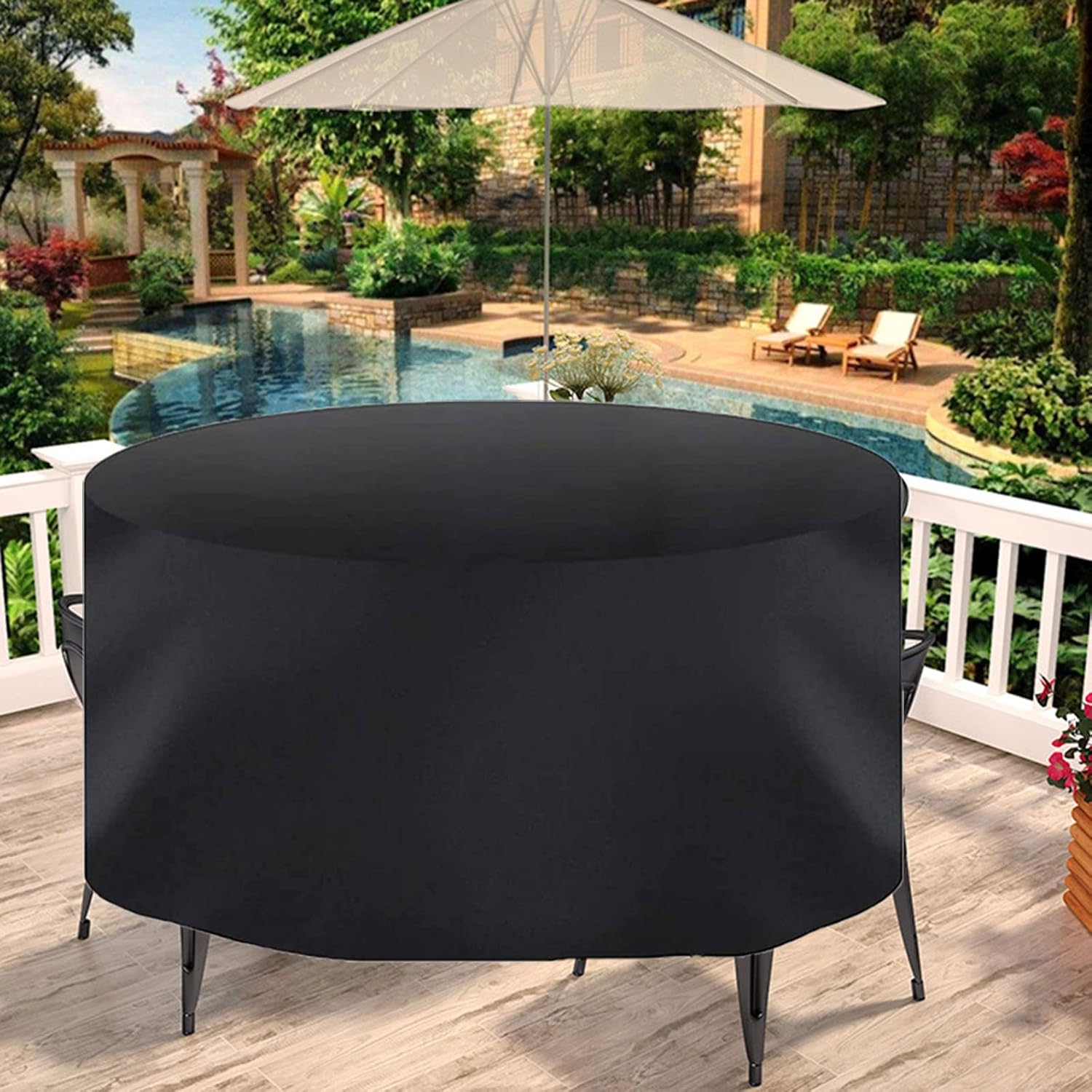 Patio Furniture Cover 118' D x 47' H, 420D Large Waterproof Table Chairs Set Cover, Heavy Duty Gas BBQ Grill Cover, Round Durable Garden Protective Cover (300x120cm)