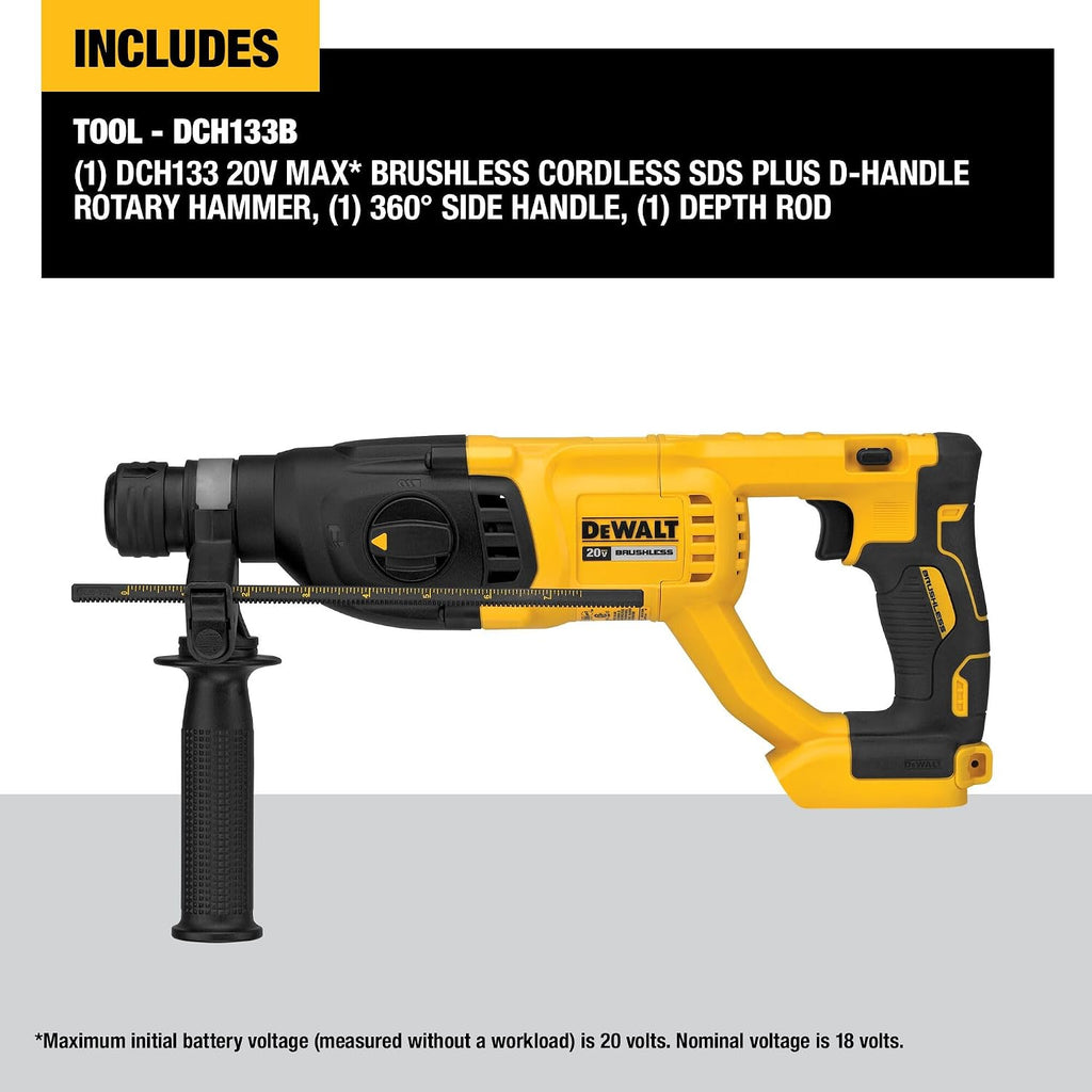 DEWALT 20V MAX SDS Plus 1 Inch Cordless Rotary Hammer with D-Handle, Bare Tool Only (DCH133B)