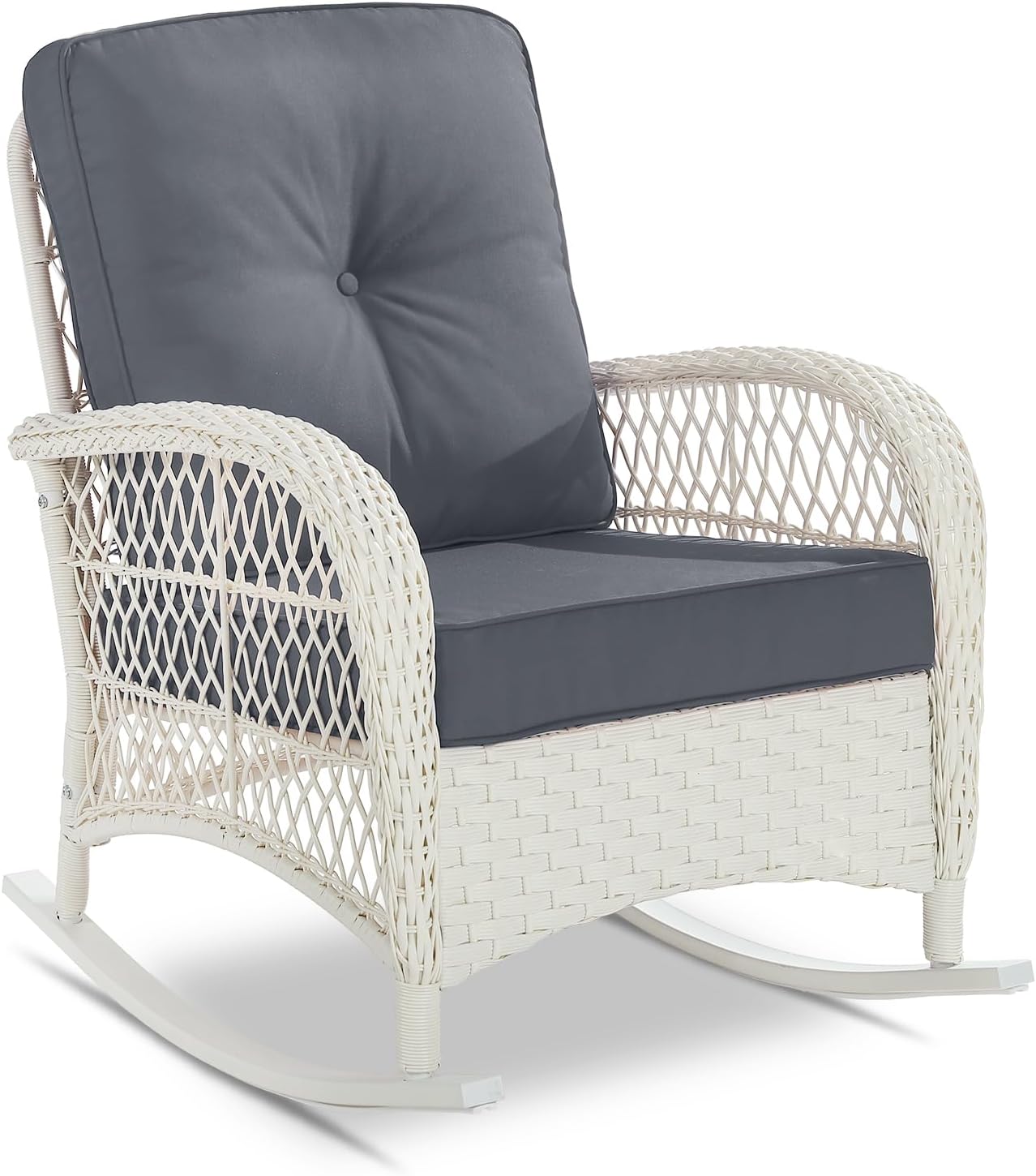 VIVIJASON Outdoor Wicker Rocking Chair, Patio Rattan Rocker Chair with Cushions & Steel Frame, All-Weather Rocking Lawn Furniture for Garden Backyard Porch, Cream White/Grey