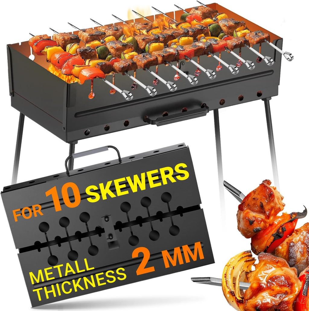 Charcoal Grill for 10 Skewers - Portable BBQ Mangal - Foldable Metal Grill for Shashlik, Kebab, Picnic, Outdoor Cooking (Skewers Not Included)
