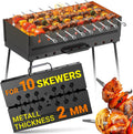 Charcoal Grill for 10 Skewers - Portable BBQ Mangal - Foldable Metal Grill for Shashlik, Kebab, Picnic, Outdoor Cooking (Skewers Not Included)