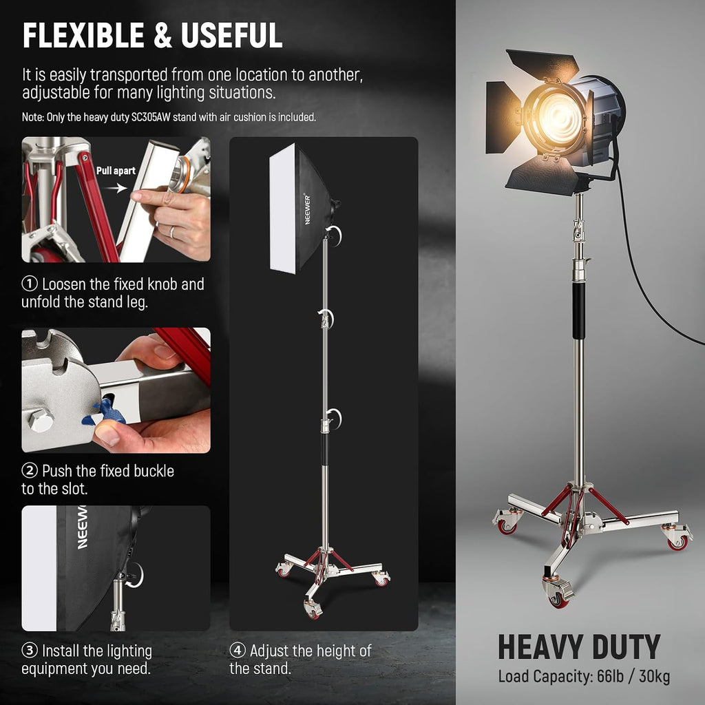 NEEWER 10ft Heavy Duty Air Cushioned Light Stand with Casters, Adjustable Tripod Stand, Stainless Steel Photography Wheeled Stand for Studio Flash Softbox Monolight Reflector, SC305AW