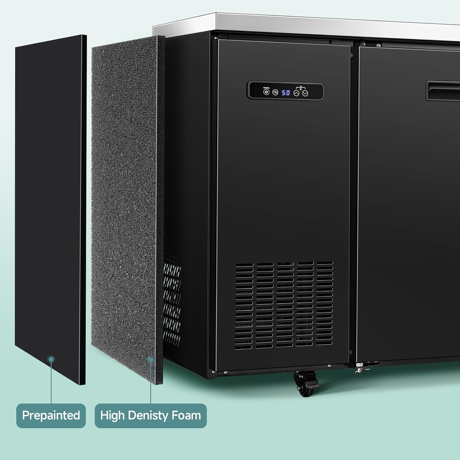 BODEGACOOLER Commercial Bar Cooler with 3 Solid Doors, 20.5 Cu.Ft Back Bar Refrigerator, Beverage Refrigerator for Beer Soda Wine,LED Light, Stainless Steel Top,6 Casters, for Kitchen Buffet Table