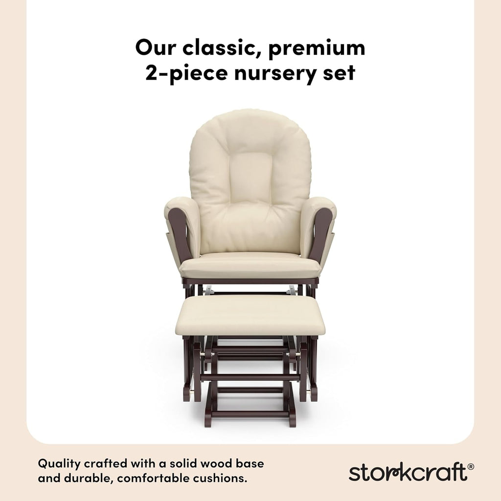 Storkcraft Premium Hoop Glider & Ottoman (Espresso with Beige) — GREENGUARD Gold Certified, Solid Wood Craftsmanship, Convenient Storage Pockets, Glider Rocking Chair for Nursery, Multi-Award-Winning