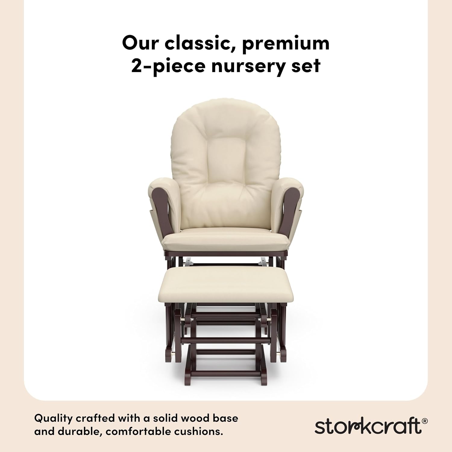 Storkcraft Premium Hoop Glider & Ottoman (Espresso with Beige) — GREENGUARD Gold Certified, Solid Wood Craftsmanship, Convenient Storage Pockets, Glider Rocking Chair for Nursery, Multi-Award-Winning