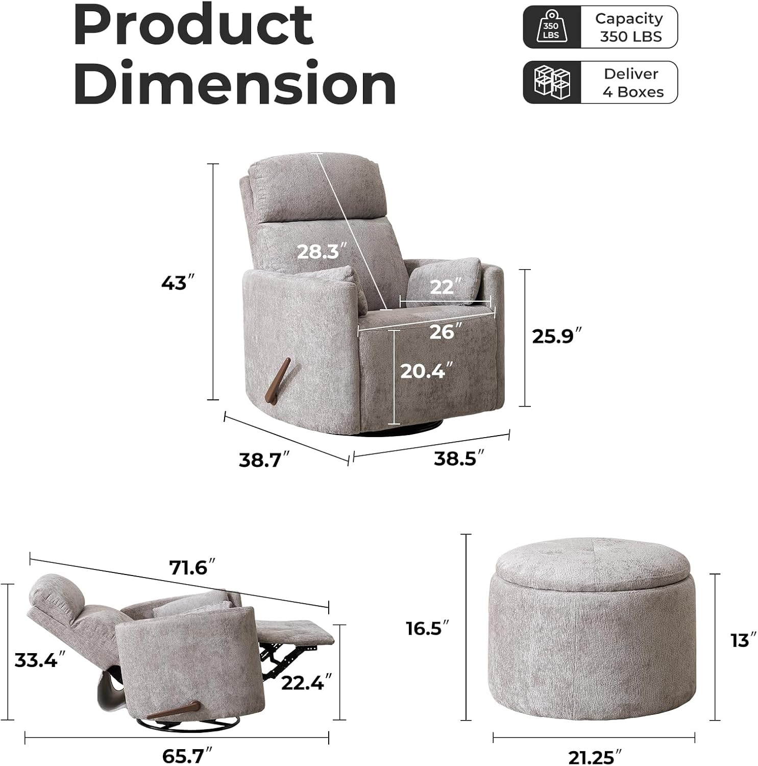Oversized Swivel Rocker Recliner Chair with Massage and Heat, Manual Swivel Glider Rocker Recliner with 2 Bolster Pillows, Rocking Nursery Chair with Storage Ottoman , Adjustable Headrest, Light Grey