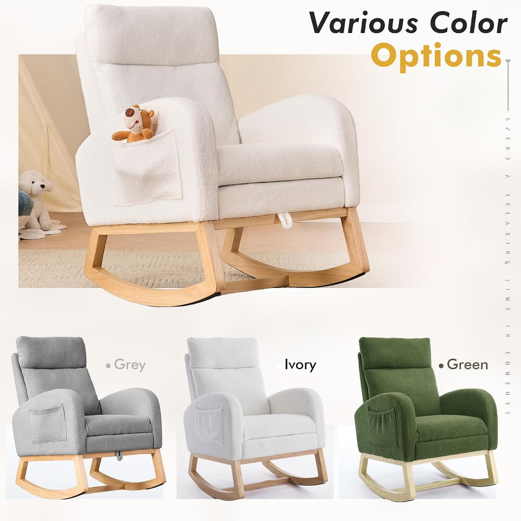 FOXHUNTER Rocking Chair for Nursery with High Backrest & Foot Rest-Nursery Rocking Chairs with Side Storage Pocket for Breastfeeding,Modern Glider Chair for Baby Bedroom,Living Room,Teddy White
