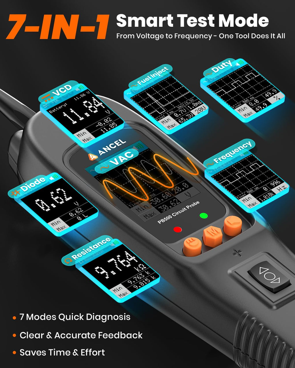 ANCEL PB500 Automotive Power Circuit Probe Tester Kit, 12/24V Car Electrical Short/Open Breaker Finder, AC/DC Diode Resistance Frequency Injector Relay Tester, Duty Cycle,Digital Multimeter/Ohmmeters