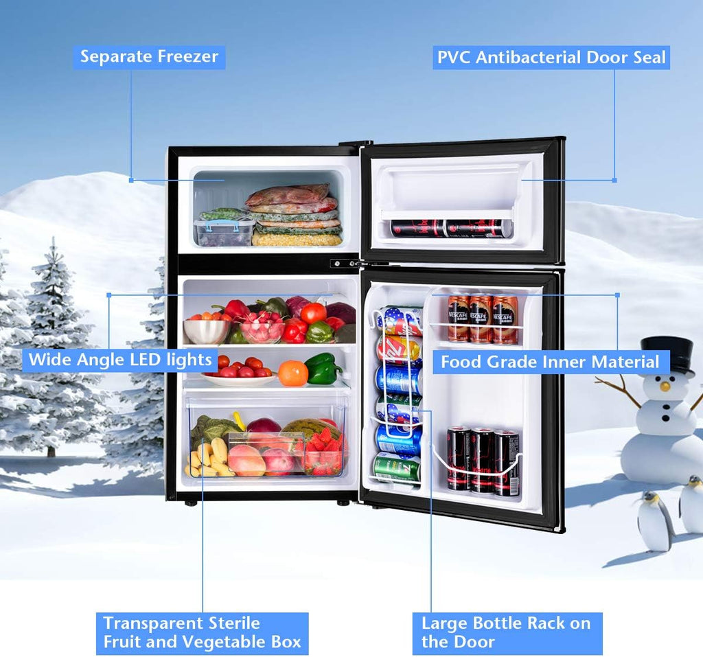 COSTWAY Mini Fridge with Freezer, 3.2 Cu.ft. 2-Door Mini Freezer Cooler Fridge w/Reversible Door, Removable Glass Shelves, Mechanical Control, Small Refrigerator for Bedroom, Dorm, Office (Black)