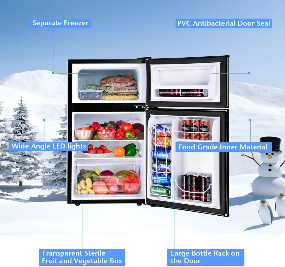 COSTWAY Mini Fridge with Freezer, 3.2 Cu.ft. 2-Door Mini Freezer Cooler Fridge w/Reversible Door, Removable Glass Shelves, Mechanical Control, Small Refrigerator for Bedroom, Dorm, Office (Black)