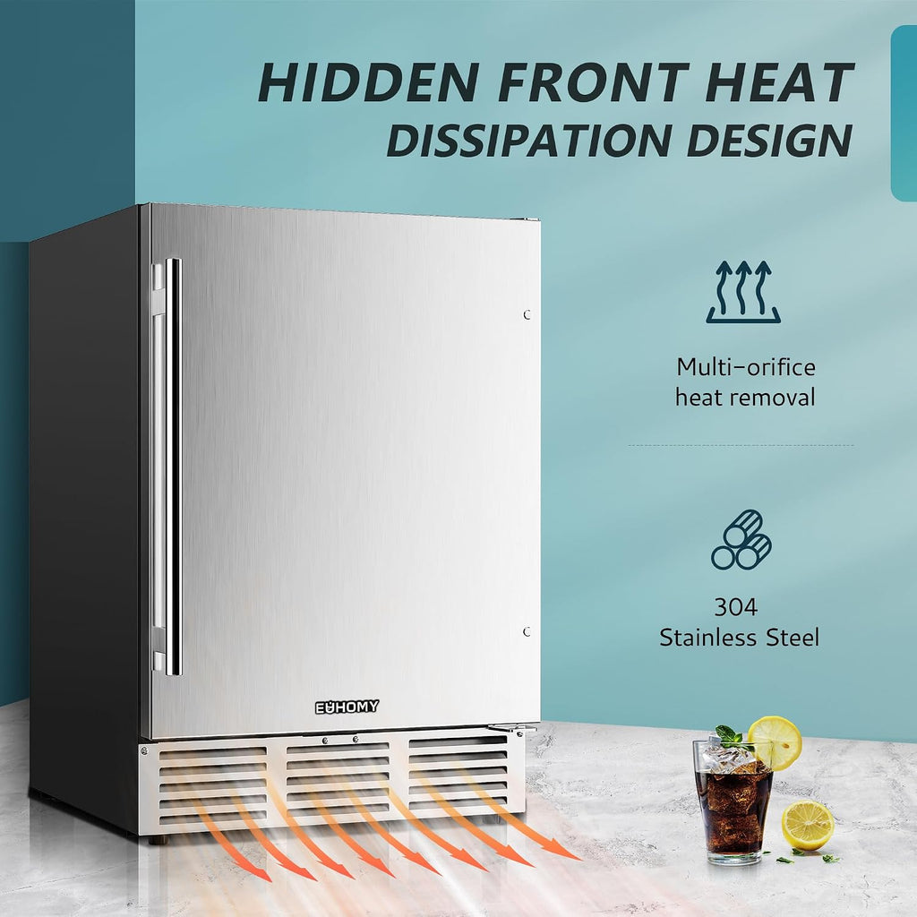 EUHOMY 24 Inch Beverage Refrigerator, Built-in and Freestanding Beverage Cooler 180 Can, Under Counter Beverage Fridge with Stainless Steel Door, Outdoor Refrigerator for Soda, Beer, Wine