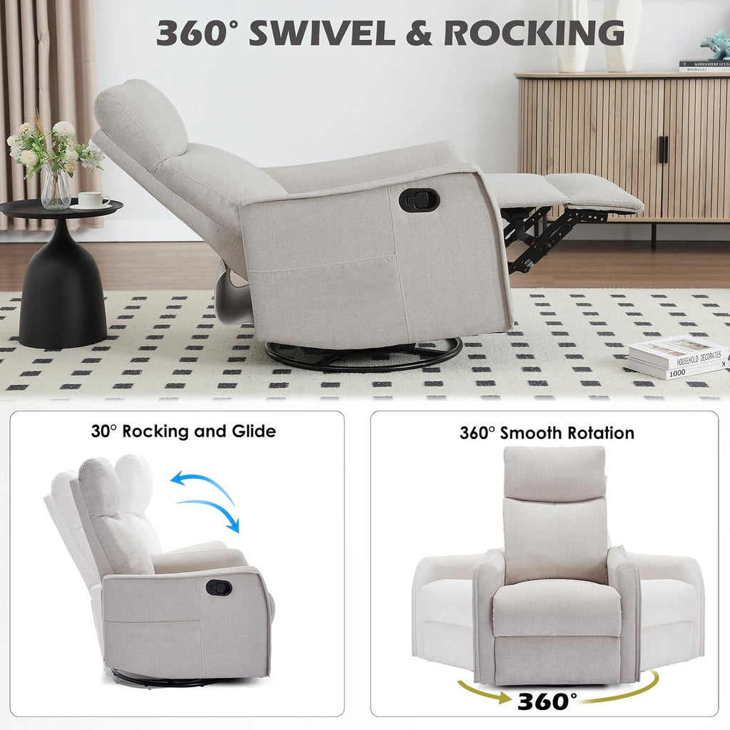 Trustyue Swivel Rocker Recliner Chair, 360° Swivel Recliner with Heat and Massage, Rocker Recliner Nursery Glider Chair with Side Pockets for Living Room (Beige, Fabric)