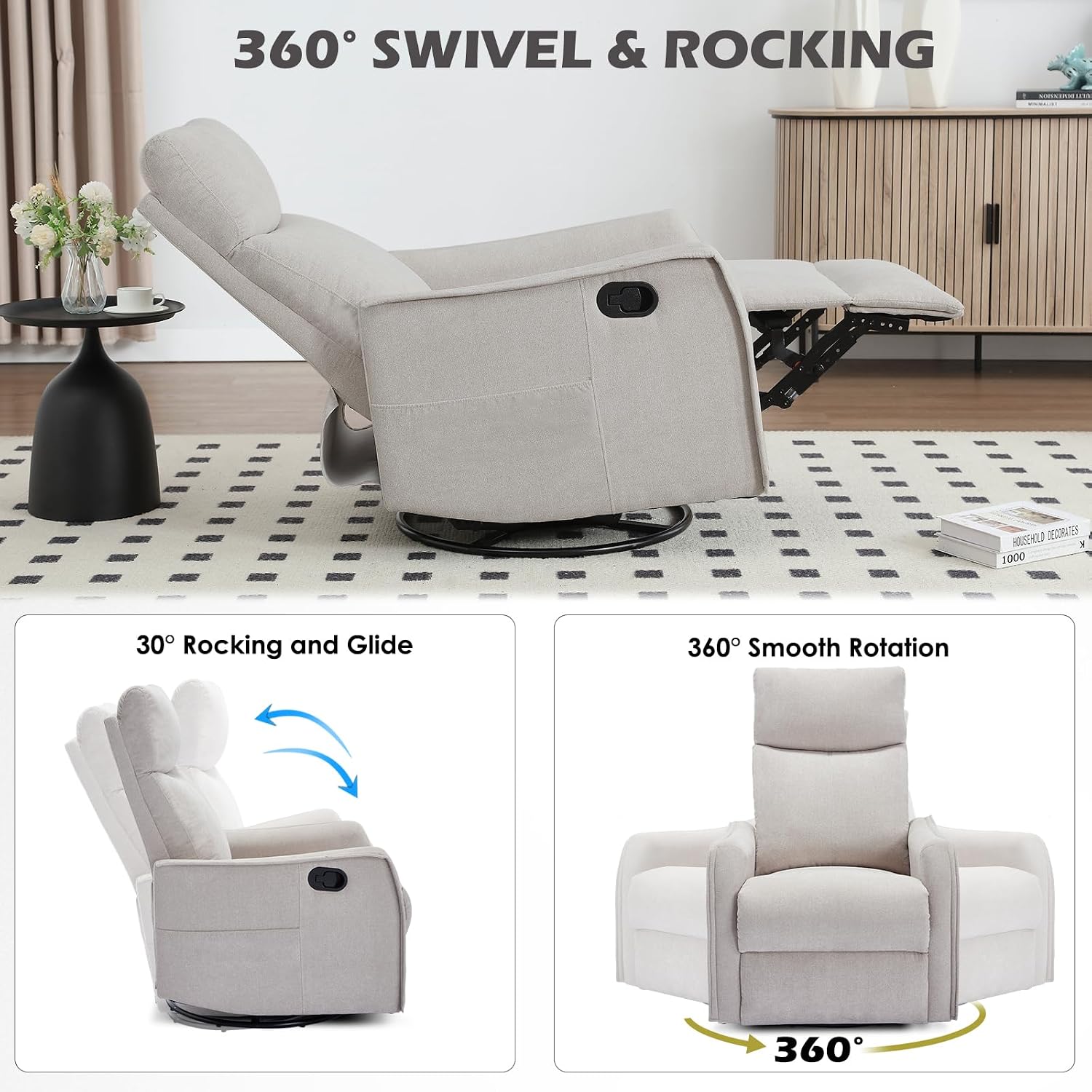 Trustyue Swivel Rocker Recliner Chair, 360° Swivel Recliner with Heat and Massage, Rocker Recliner Nursery Glider Chair with Side Pockets for Living Room (Beige, Fabric)