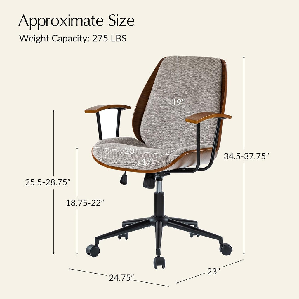 HULALA HOME Solid Wood Office Chair with Rocking Function, Comfy Fabric Desk Chair with Bent Wood and Metal Base, Height Adjustable Swivel Computer Task Chair, Tan