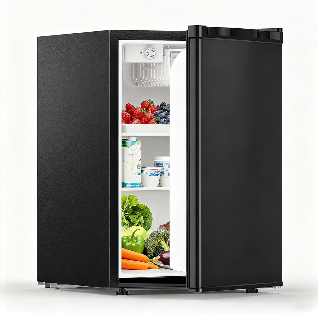 COWSAR 2.6 Cu.Ft Dorm Fridge with Freezer, Single Reversible Door Compact Refrigerator, Adjustable Thermostat, 2 Removable Shelves, Commercial Drink Fridge for Bedroom, Office, Kitchen, Dorm, Black