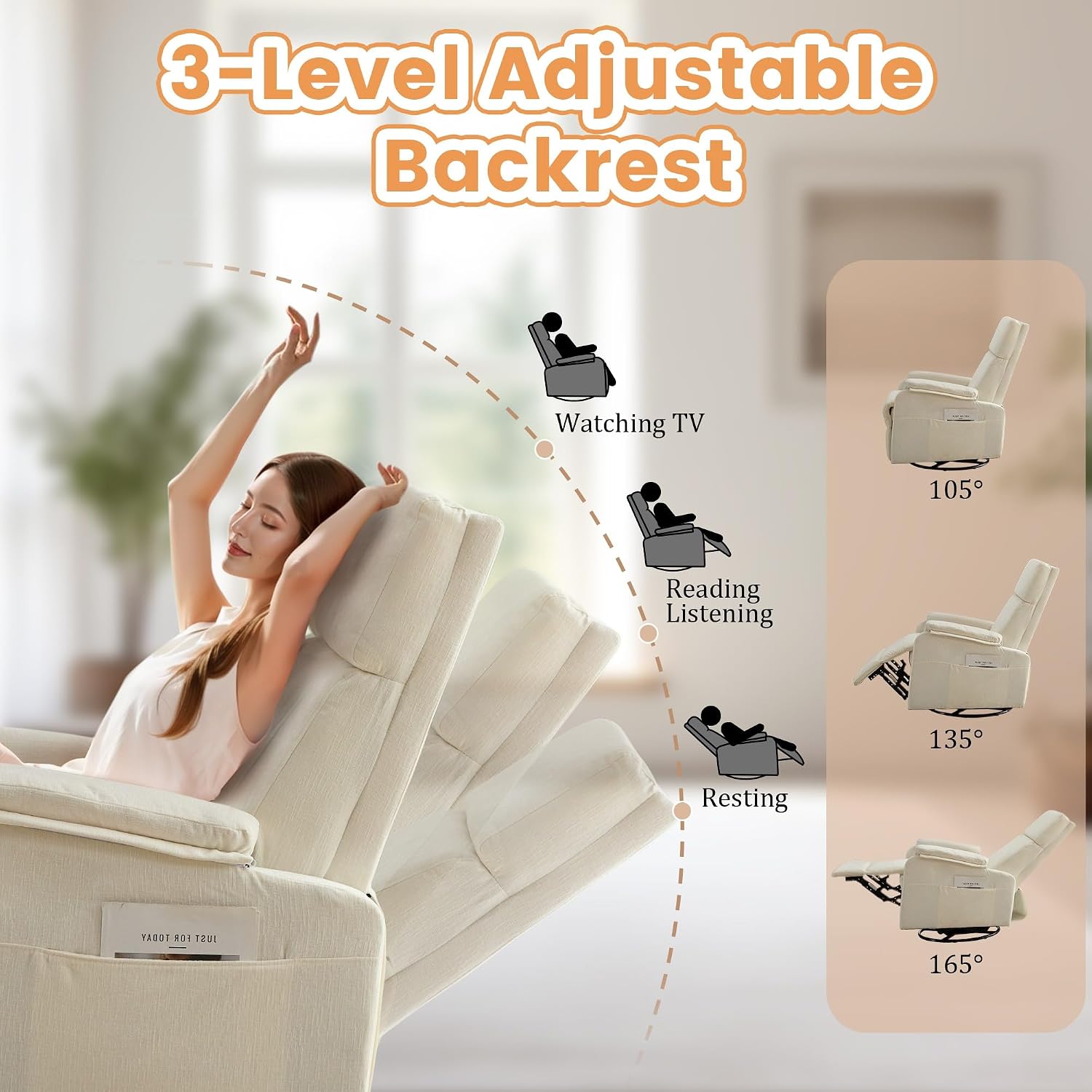 Korser Recliner Chair, Swivel Rocking Recliner Chair for Adults, Glider Rocking Chair, Small Nursery Chair Recliner for Living Room, Reclining Chair with Modern-Designed Armrests, Chenille, Beige