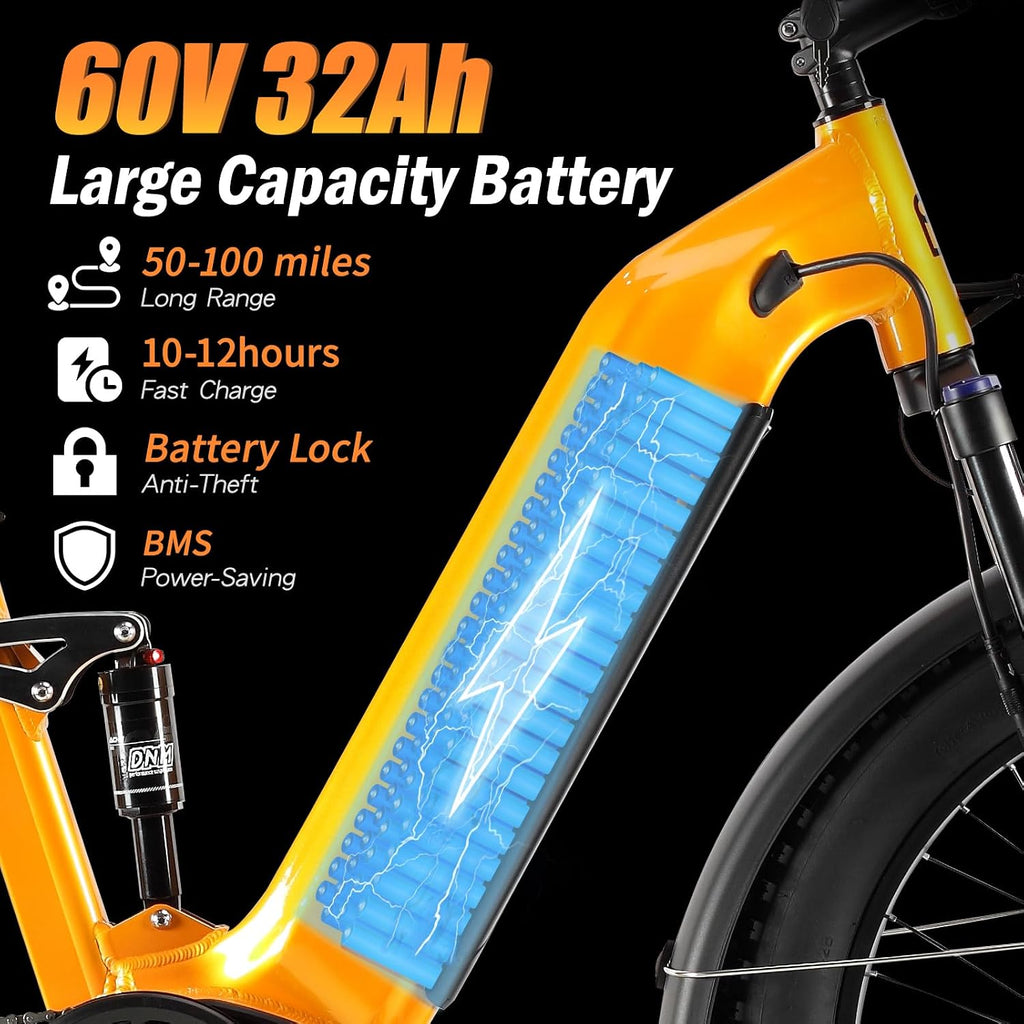 Electric Bike for Adults, 5000𝕨 Dual Motor E-Bike, 60V 32AH Long Range Dirt Bike, Fat Tire Hunting Ebike for All Terrain, Full Suspension Electric Bicycle