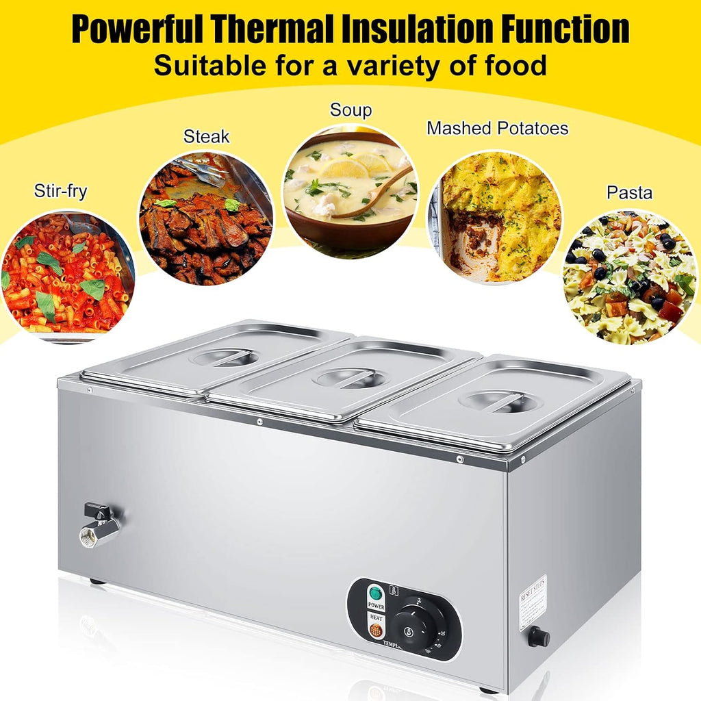 Electric Commercial Food Warmer 110V Buffet Food Warmer Stainless Steel Electric Countertop Steamer with Temperature Control, Tap and Lid for Catering Restaurant Parties (3 Pan)