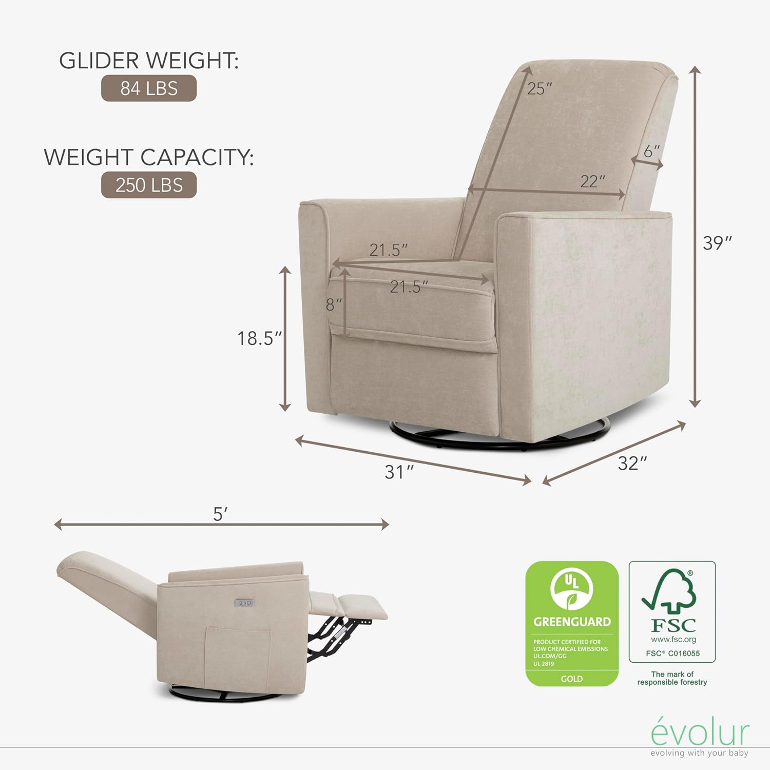 Evolur Harlow Upholstered Power Glider Recliner with USB Charging – Rocking & 275° Swivel with Smooth Glide – Greenguard Gold & FSC Certified – Modern Nursery and Living Room Chair in Tan