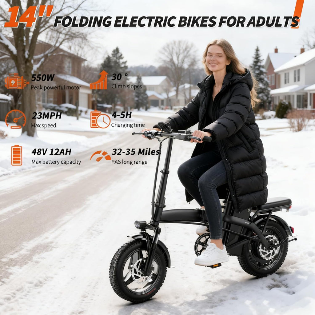 Foldable Electric Bike for Adults and Teens, 500W Motor | 14' Folding Mini Ebike | 23MPH Commute Electric Bicycle | 48V12Ah Battery | UL 2849 Certified | 35 Miles PAS Range | 3-Level Pedal Assist