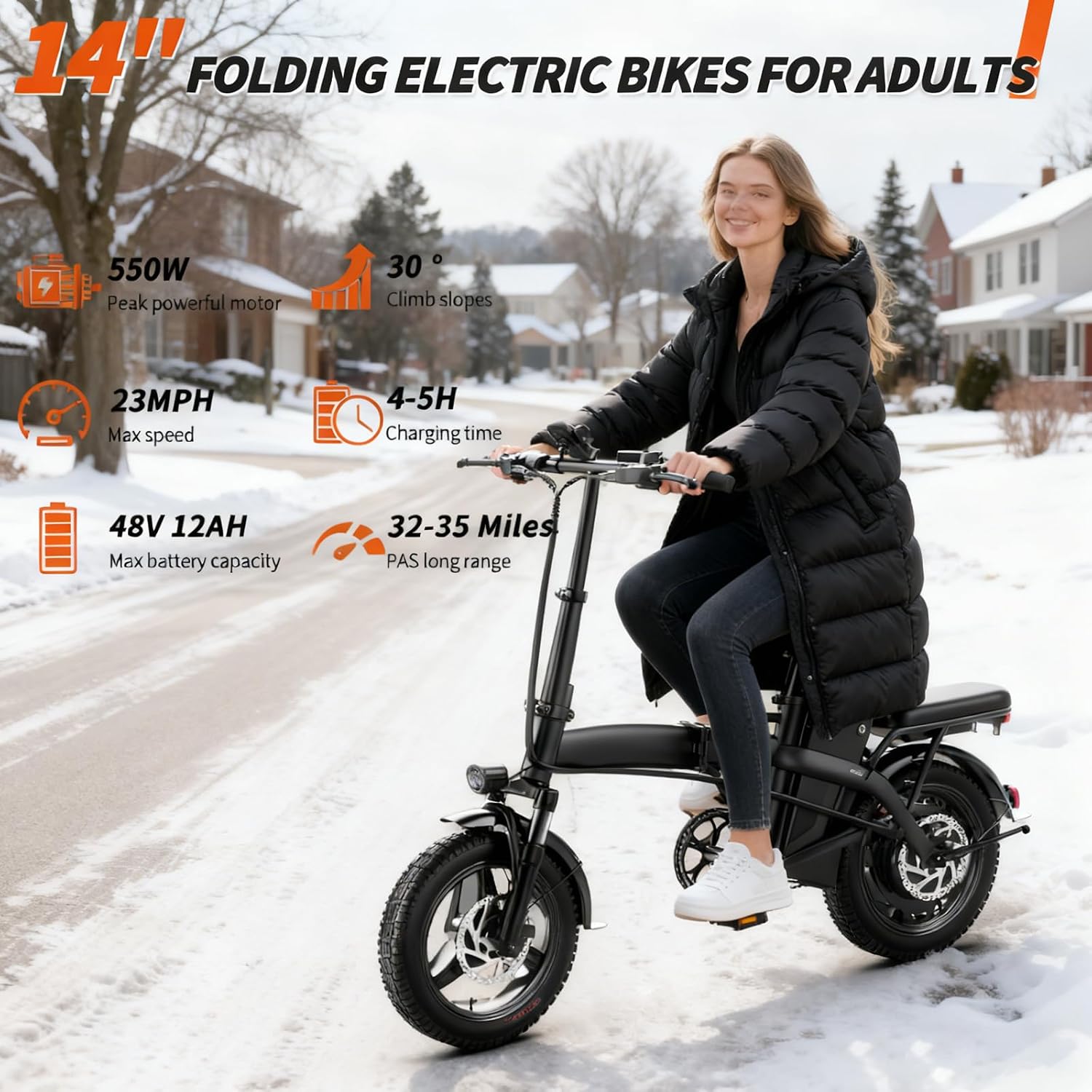 Foldable Electric Bike for Adults and Teens, 500W Motor | 14' Folding Mini Ebike | 23MPH Commute Electric Bicycle | 48V12Ah Battery | UL 2849 Certified | 35 Miles PAS Range | 3-Level Pedal Assist