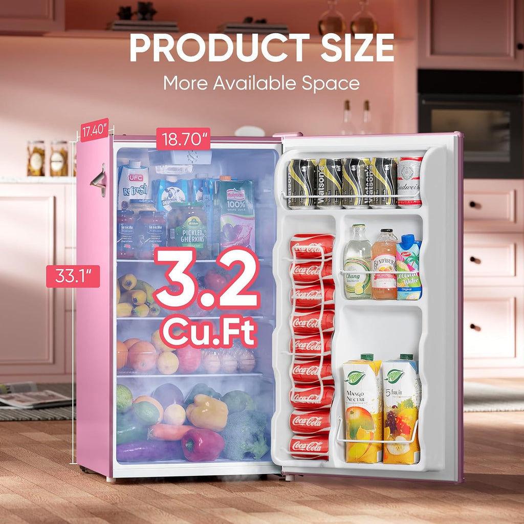 Upstreman 3.2 Cu.Ft Retro Mini Fridge with Bottle Opener, Energy Saving, Adjustable Thermostat, Metal Handle, LED Lamp, Mini Refrigerator for Bedroom, Office, Dorm-BR321 PRO (Pink)