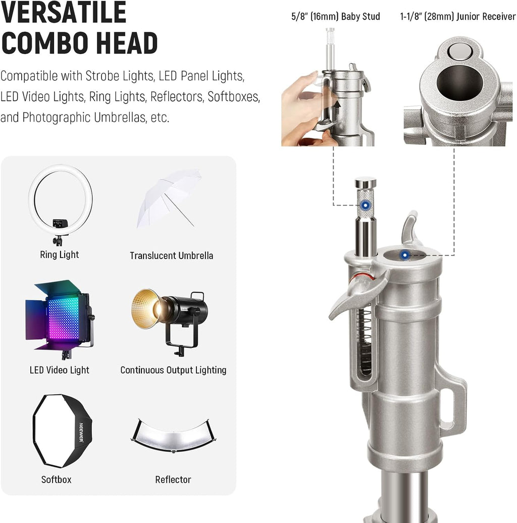 NEEWER Heavy Duty Stainless Steel Light Stand with Casters, 1-1/8' Junior Receiver, Spring Loaded 5/8' Baby Stud, Max Load 77lb, 7.9ft/240cm Junior Wheeled Stand for Studio Softbox Reflector, ST240SS