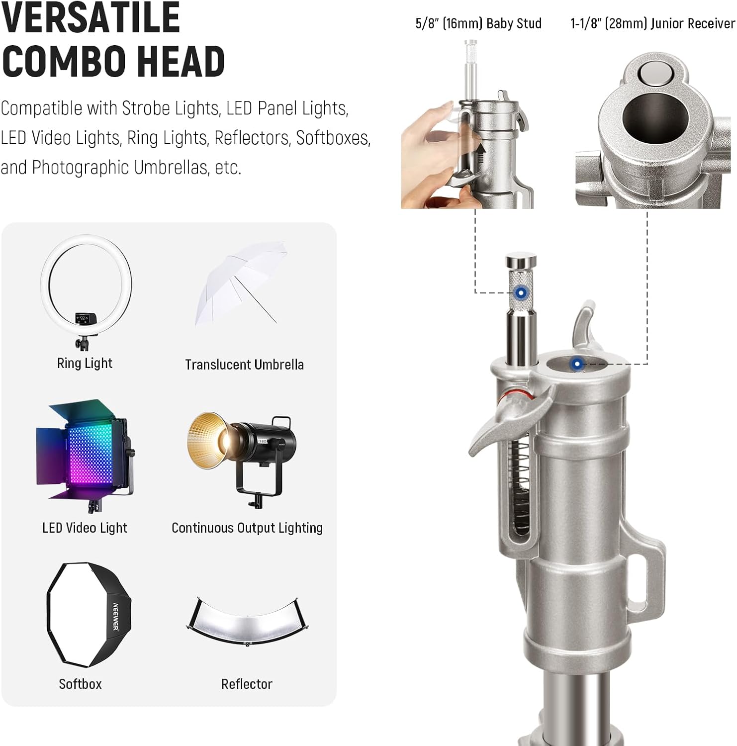 NEEWER Heavy Duty Stainless Steel Light Stand with Casters, 1-1/8' Junior Receiver, Spring Loaded 5/8' Baby Stud, Max Load 77lb, 7.9ft/240cm Junior Wheeled Stand for Studio Softbox Reflector, ST240SS