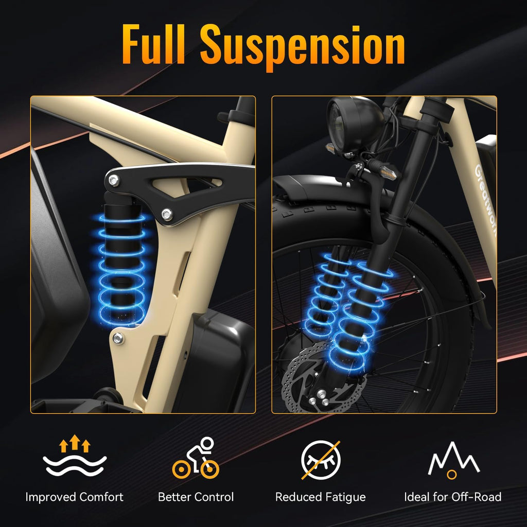 GREATWORK 52V 5000W Peak Dual Motor Electric Bike for Adults, 1300Wh Battery, Up to 45MPH & 100 Miles Range, 26' x 4.0 Fat Tire Electric Dirt Bike with Suspension, Mountain E-Bike for Men Women