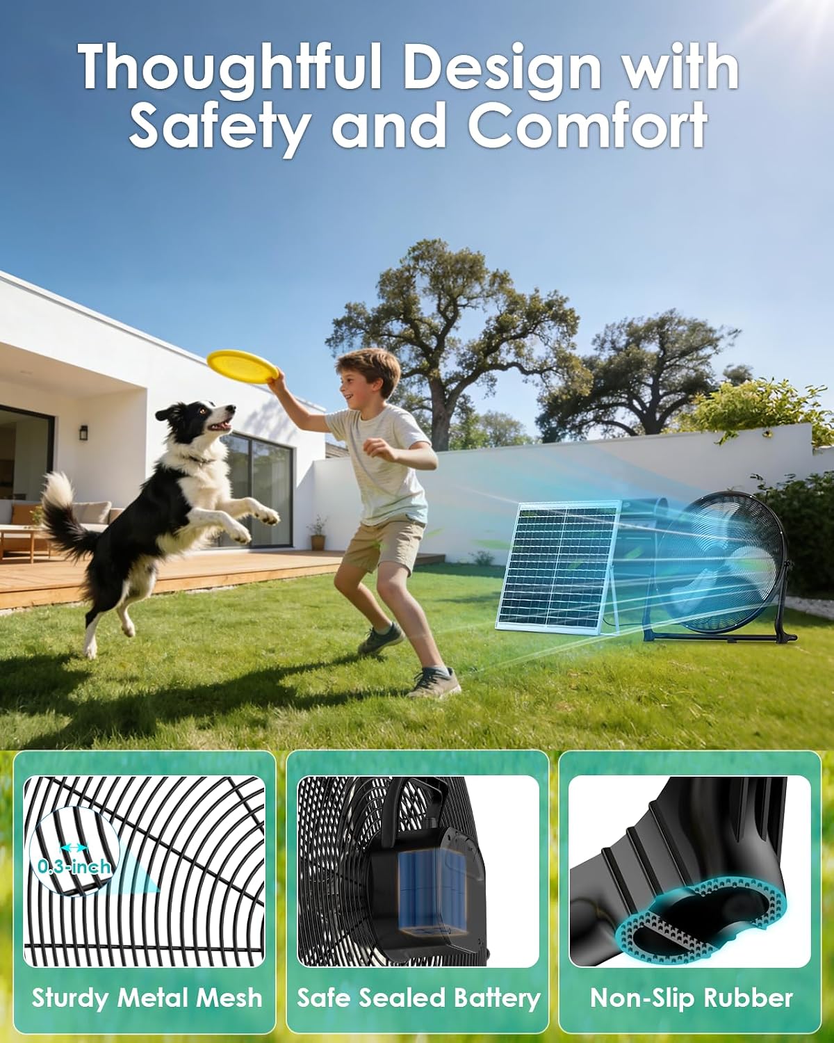 20' Large Solar Fan, Portable Battery Operated Floor Fan, 50W Rechargeable Solar Powered Wireless Camping Fan Outdoor, Waterproof, Hi-airflow, Cordless, for Outside Home Garage Gym Patio Travel
