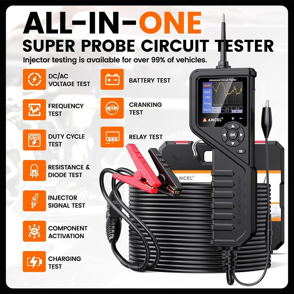 ANCEL PB600 4-in-1 Automotive Power Circuit Probe with True Waveform Oscilloscope, Battery Test, Injector & Relay Tester, Smart Multimeter, 30ft Heavy-Duty Cable for Mechanic, Technician & DIY