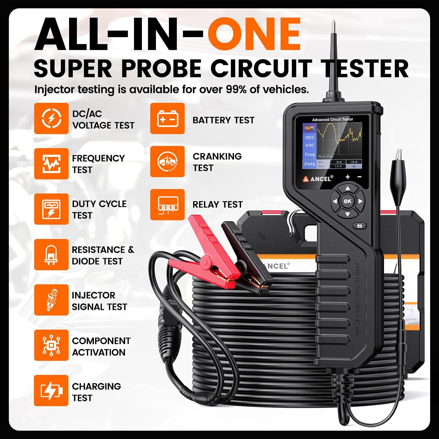 ANCEL PB600 4-in-1 Automotive Power Circuit Probe with True Waveform Oscilloscope, Battery Test, Injector & Relay Tester, Smart Multimeter, 30ft Heavy-Duty Cable for Mechanic, Technician & DIY